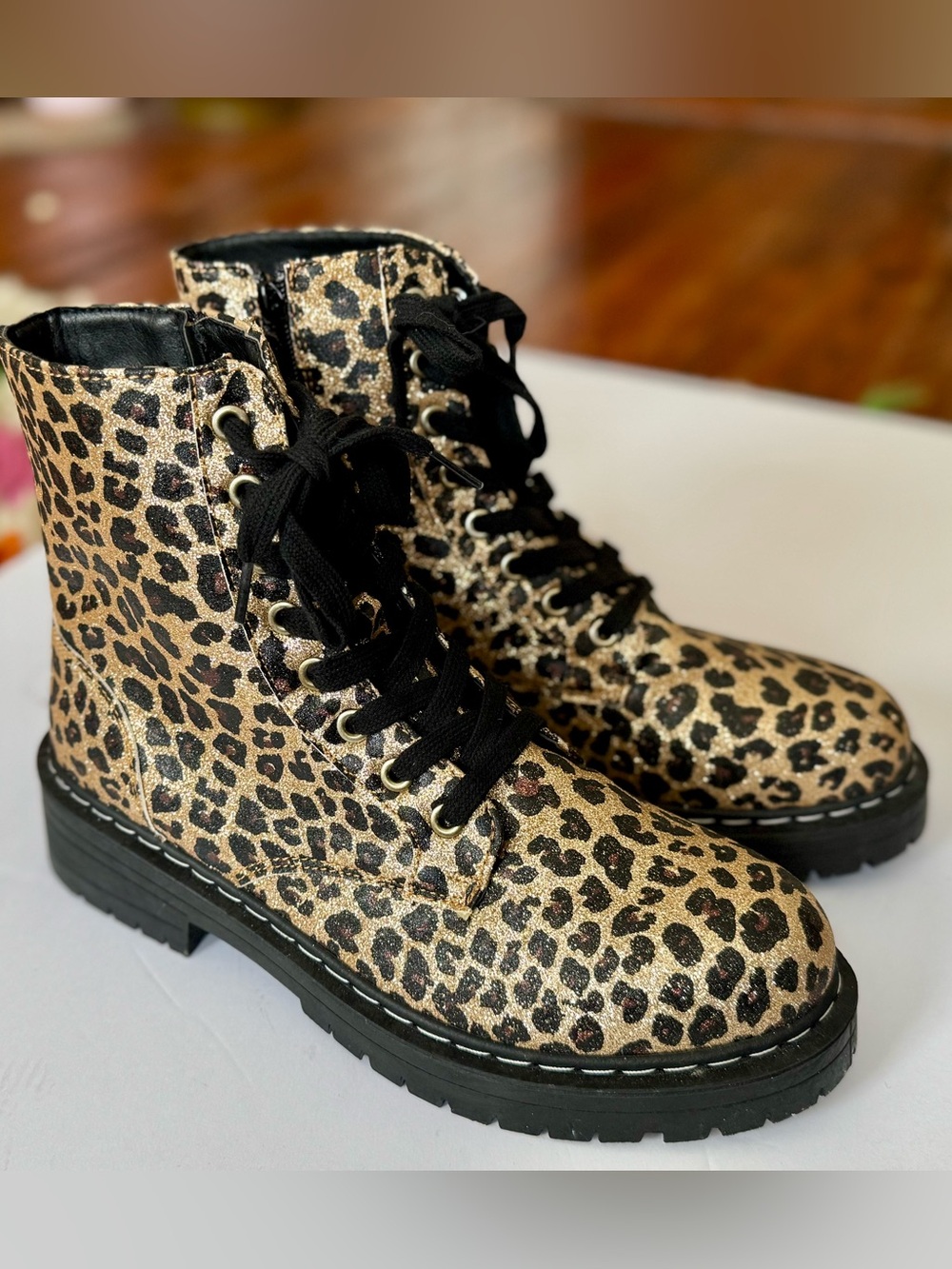 True Craft Leopard Print Combat Boots in Gold and Black